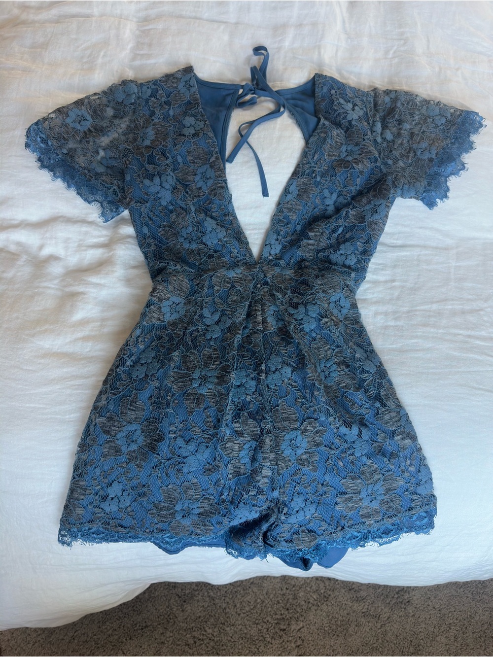 Astr Blue Lace Romper with Back Tie